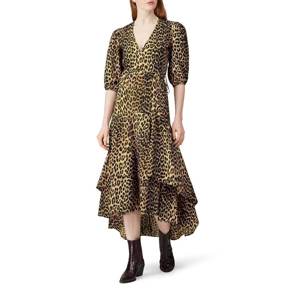 Ganni Cheetah Print Wrap Dress Three Quarter Sleeves Black Size 4. 36